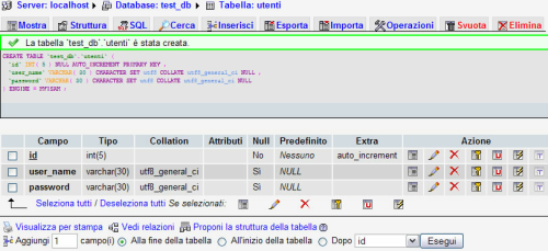 Creazione database